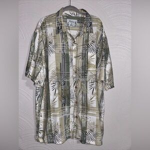 Solemar Hawaiian Shirt Men's 3XL Green/Tan Floral Short Sleeve Button Up Bamboo